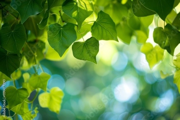 Fototapeta Lush green leaves form a vibrant natural frame against a soft, blurred background, capturing the essence of nature's beauty