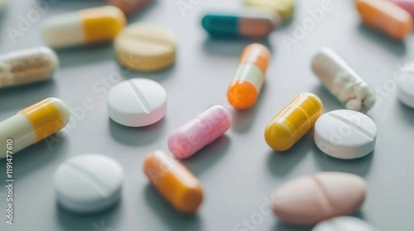 Fototapeta closeup of colorful assorted pills and capsules scattered on a plain surface in soft focus with minimal copyspace concept of healthcare pharmacy medicine
