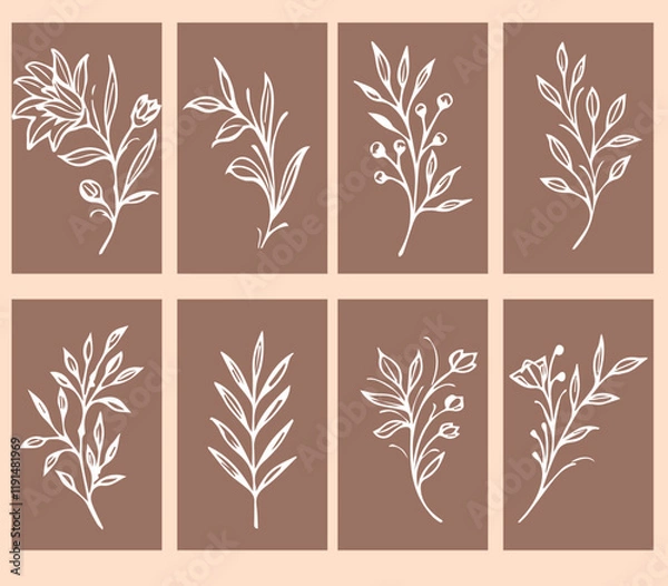 Fototapeta Flowers drawn by hand line, logo for design, on white background, Mocha Mousse colors - Pantone colors of 2025
