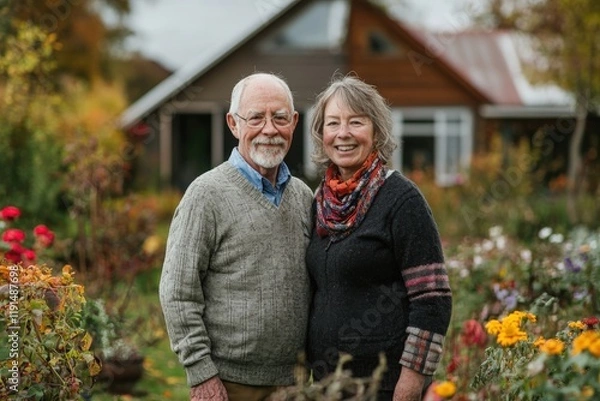 Fototapeta Happy senior couple smiling together in front of their house and garden