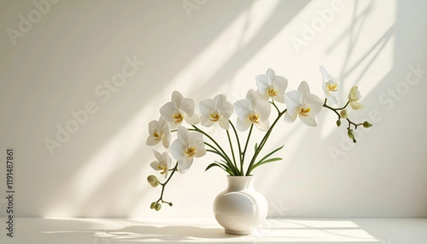 Fototapeta Elegant white orchids in a vase with soft shadows on a light background  for Women's Day