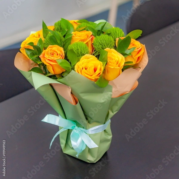 Obraz A bouquet of yellow roses in close-up on a table background