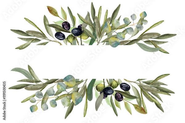 Fototapeta Frame Olive branch with green and black olive berries watercolor illustration.Watercolor frame of olive branches. Hand drawn botanical illustration for design.