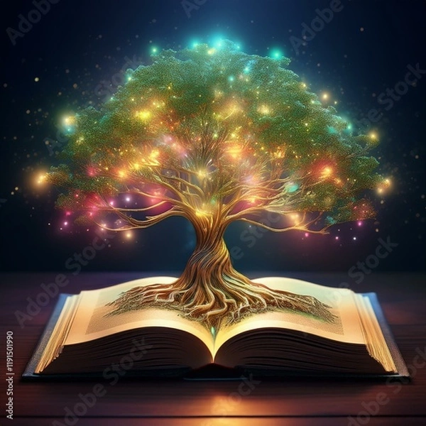 Fototapeta Generated image The tree of knowledge shines with lights, growing out of a book