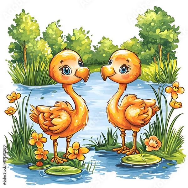 Fototapeta Whimsical Cartoon Scene of Orange Birds and Colorful Ducks by a Serene Pond with Flowers