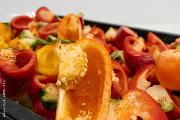 Fototapeta Top view of vibrant red, orange, and yellow bell peppers in a roasting tray lined with foil, seasoned and ready for baking. healthy meal preparation and cooking.healthy eating