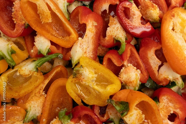 Fototapeta Top view of vibrant red, orange, and yellow bell peppers in a roasting tray lined with foil, seasoned and ready for baking. healthy meal preparation and cooking.healthy eating