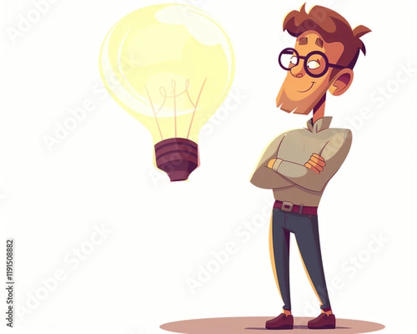 Fototapeta Creative Concept Illustration with Man and Glowing Lightbulb Symbolizing New Ideas and Innovation