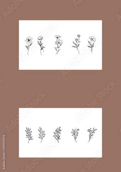 Fototapeta Flowers drawn by hand line, logo for design, on white background, Mocha Mousse colors - Pantone colors of 2025
