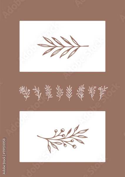 Fototapeta Flowers drawn by hand line, logo for design, on white background, Mocha Mousse colors - Pantone colors of 2025
