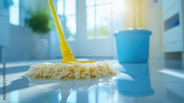 Fototapeta Cleaning action with yellow mop and blue bucket modern kitchen photography bright environment close-up view household chores