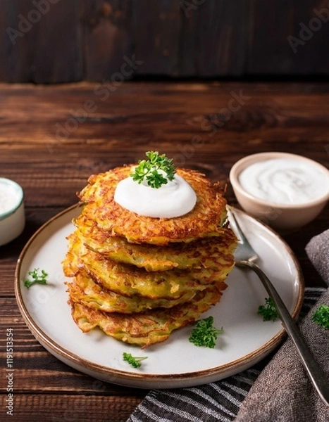 Obraz Generated image Potatoes pancakes latkes, flapjacks, hash brown or potato vada with white greek yoghurt