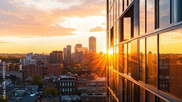 Fototapeta Golden Sunset Over Cityscape Reflecting On Modern Building