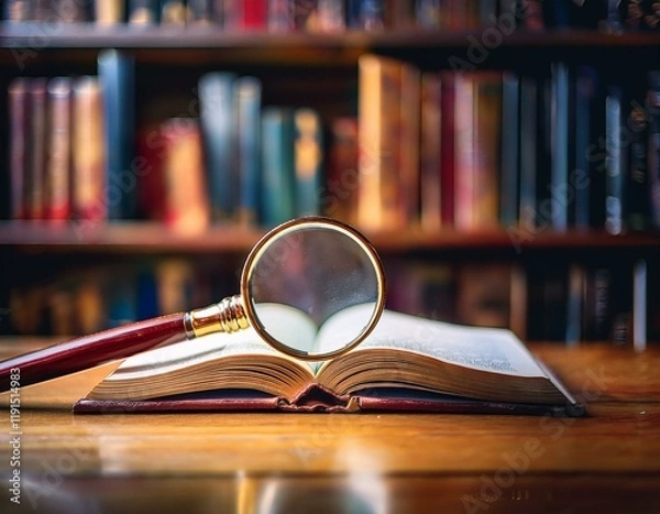 Fototapeta Generated image  Magnifying glass over an open book with a blurred bookshelf background, symbolizing research