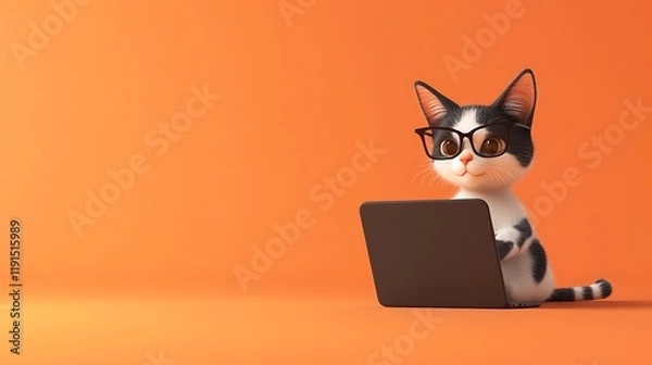 Fototapeta Tech-Savvy Feline: 3D Character of a Cat Wearing Glasses Working on a Laptop