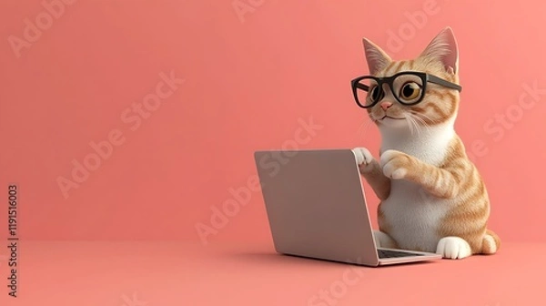 Fototapeta Tech-Savvy Feline: 3D Character of a Cat Wearing Glasses Working on a Laptop