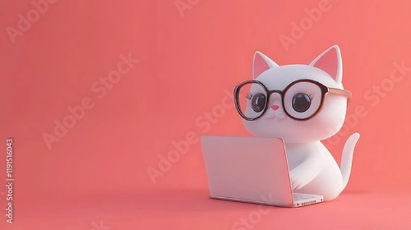 Fototapeta Tech-Savvy Feline: 3D Character of a Cat Wearing Glasses Working on a Laptop