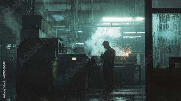 Obraz Silhouetted worker sparks fly in rainy factory