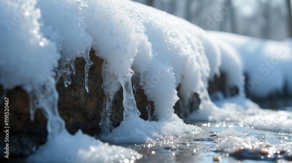 Fototapeta Melting snow on rocks with visible water droplets forming, shot in bright sunlight, showcasing the transition from snow to water.