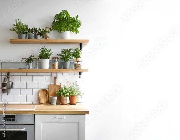 Fototapeta Generated image Scandinavian kitchen with an island, white cabinets, and a collection of potted herbs
