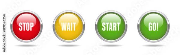 Fototapeta Stop, wait, start, go button icon set. Red, yellow, green, glossy button designs with chrome metal borders. Vector illustration isolated on white background.