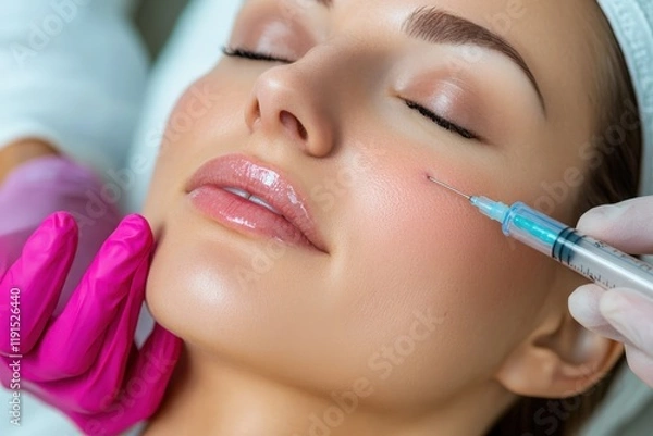 Fototapeta Beautician injecting filler into woman's cheek for facial rejuvenation treatment