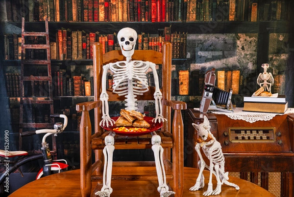 Obraz skeleton child sitting in vintage rocking chair with skeleton dog eating grilled cheese sandwiches with old library background