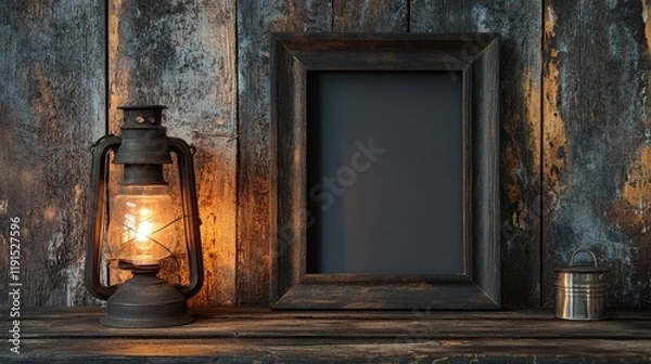 Fototapeta Illuminated Lantern Beside Rustic Frame and Tin