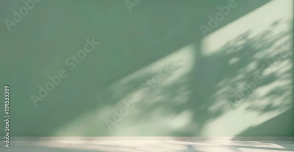 Obraz Minimalistic beautiful background, light green painted wall with blurred shadow from window with marble floor. Copy space