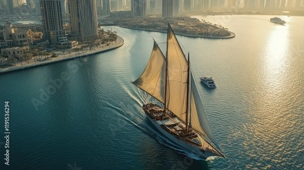 Fototapeta Majestic Sailboat Cruises Dubai City Skyline