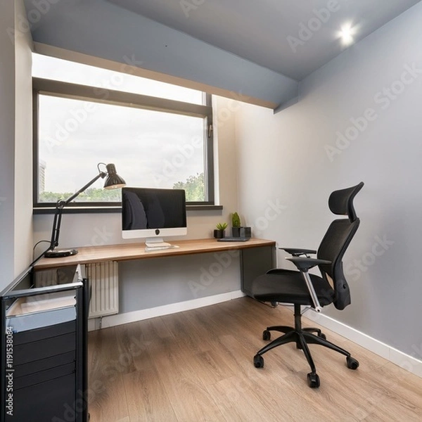 Fototapeta Generated image A stylish office corner with a standing desk setup, featuring a monitor, keyboard,