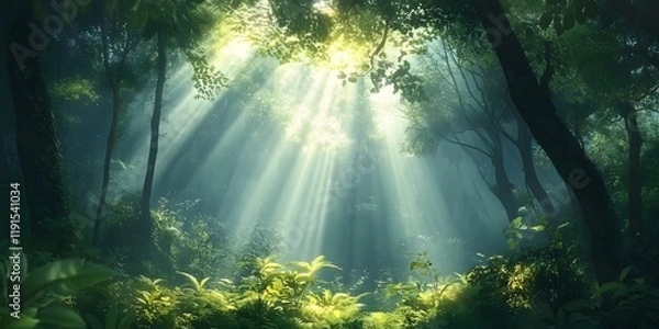 Fototapeta  Sunlight filtering through the dense forest canopy, creating a tranquil and mystical atmosphere in the lush greenery, Generative Ai