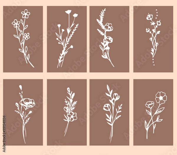 Fototapeta Flowers drawn by hand line, logo for design, on white background, Mocha Mousse colors - Pantone colors of 2025

