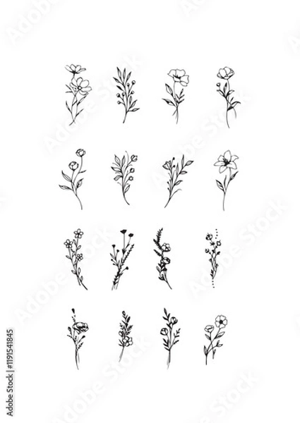 Fototapeta Flowers drawn by hand line, logo for design, on white background, Mocha Mousse colors - Pantone colors of 2025
