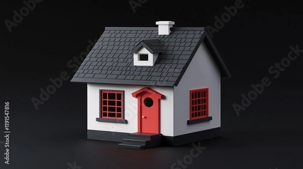 Fototapeta Minimalist 3D Model of a House With a Red Door and Windows on a Dark Background, Featuring Clean Lines and Modern Design, Ideal for Real Estate, Architecture, and Design Concepts