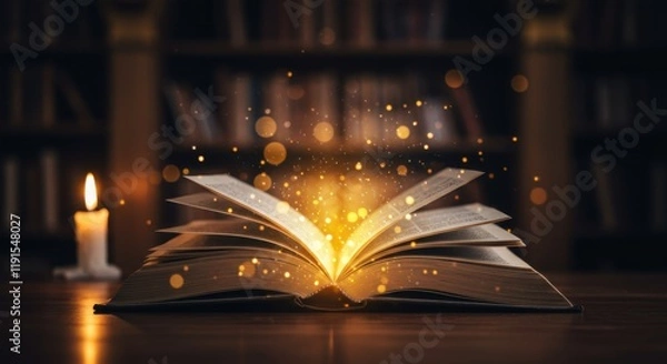 Fototapeta Magical glowing open book, fantasy library setting, dark background, arched doorway, floating luminous particles, warm golden light, mystical atmosphere, knowledge awakening, ancient wisdom, ethereal 