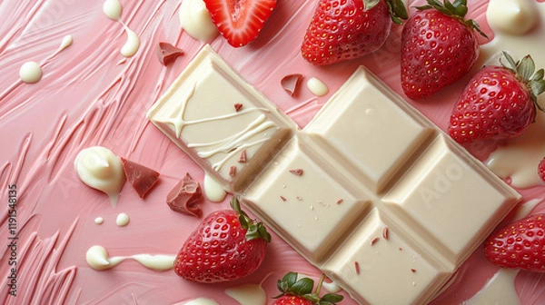 Fototapeta Sweet strawberries and creamy white chocolate create a tempting dessert arrangement on a pink background