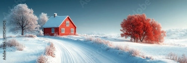 Fototapeta Winter landscape with a red house and snow-covered trees in a serene countryside