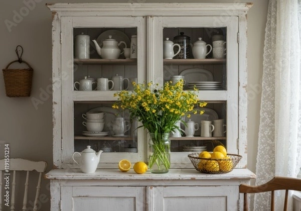 Fototapeta Vintage white cabinet, yellow flowers in vase, rustic kitchen decor, teapots and dishes, lemon fruit bowl, woven basket, shabby chic style, soft natural lighting, cozy home atmosphere, farmhouse aesth