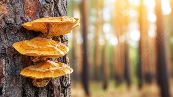 Fototapeta Golden mushrooms grow stacked on a tree trunk
