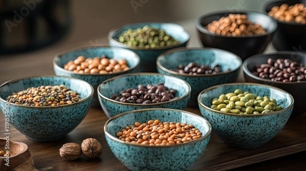 Fototapeta A modern display of plant-based protein foods like beans, lentils, and nuts in stylish ceramic bowls.