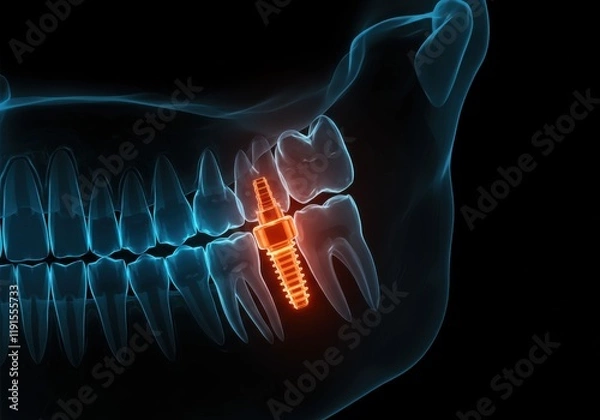 Fototapeta X-ray dental image, glowing teeth, jaw structure, anatomical illustration, blue and orange contrast, transparent bone, dental implants, medical visualization, dark background, digital art, hyper-reali
