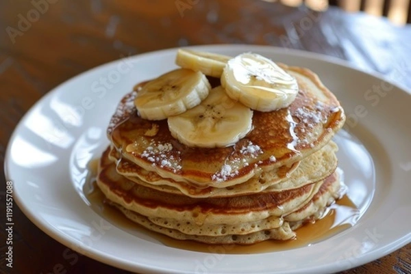 Fototapeta Delicious pancakes are topped with sliced bananas and syrup on a white plate, making a tempting breakfast treat