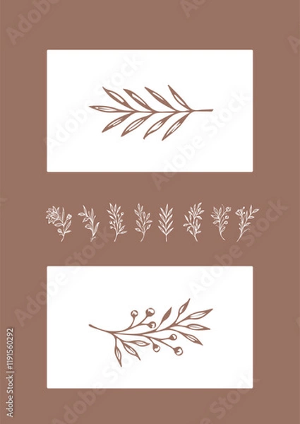 Fototapeta Flowers drawn by hand line, logo for design, on white background, Mocha Mousse colors - Pantone colors of 2025
