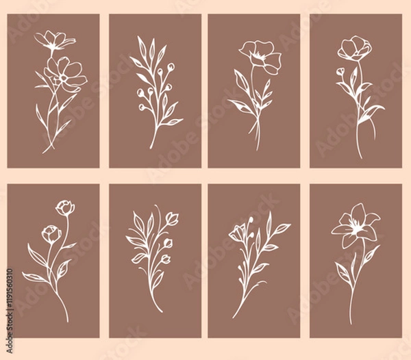 Fototapeta Flowers drawn by hand line, logo for design, on white background, Mocha Mousse colors - Pantone colors of 2025
