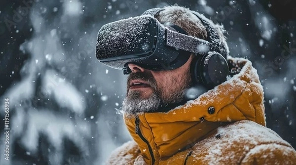 Fototapeta Man in Winter Using Virtual Reality Headset