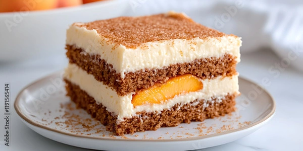 Fototapeta Delicious layered dessert with creamy filling and peach slices, dusted with cinnamon.
