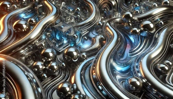 Fototapeta Futuristic liquid metal background with morphing 3D shapes, reflective chrome textures, and glowing iridescent dynamic highlights. Generative AI