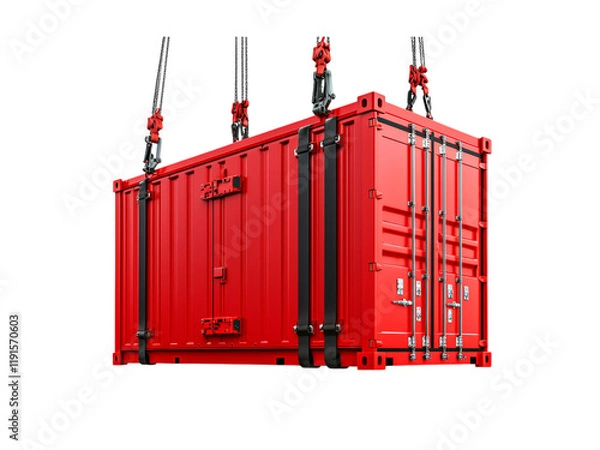 Obraz Red Shipping Container Lifted by Cranes Isolated on transparent background