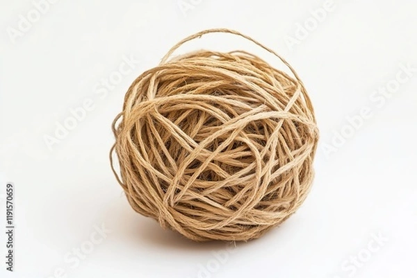 Obraz Tangled mess. Unorganized, stress, confused, complicated, concept image. Large ball of tangled and hemp string isolated on neutral white background.